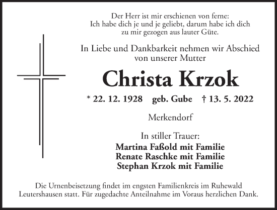 Traueranzeige von Christa Krzok von Ansbach