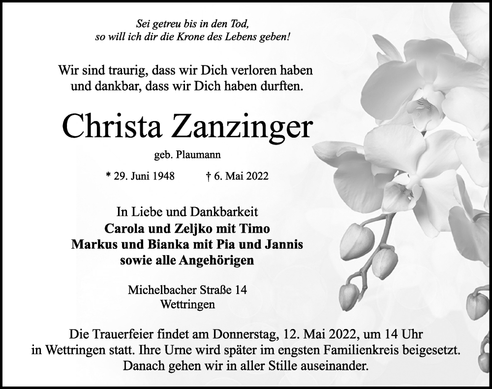  Traueranzeige für Christa Zanzinger vom 10.05.2022 aus Rothenburg