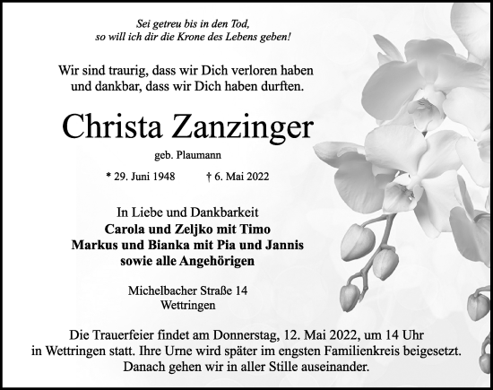 Traueranzeige von Christa Zanzinger von Rothenburg