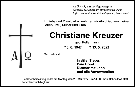 Traueranzeige von Christiane Kreuzer von Dinkelsbühl/ Feuchtwangen