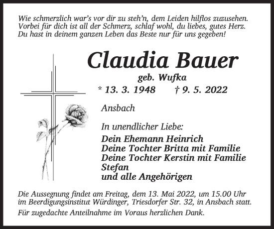 Traueranzeige von Claudia Bauer von Ansbach