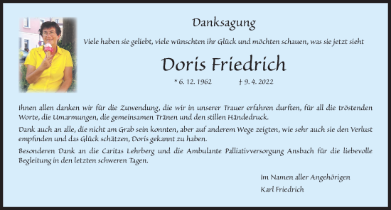 Traueranzeige von Doris Friedrich von Ansbach