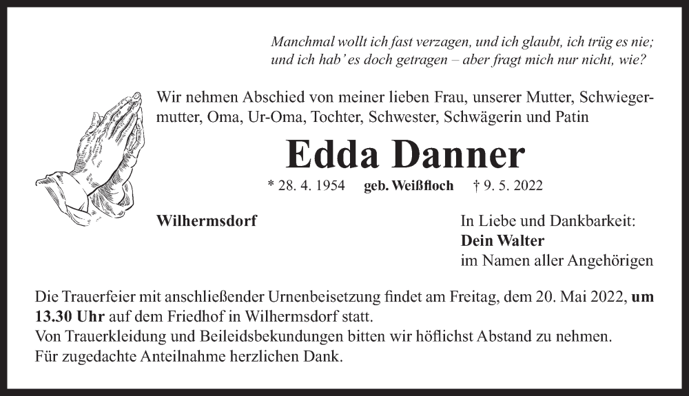  Traueranzeige für Edda Danner vom 13.05.2022 aus Neustadt/ Scheinfeld/ Uffenheim