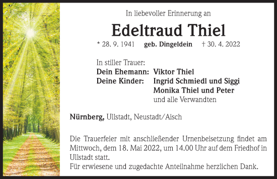 Traueranzeige von Edeltraud Thiel von Neustadt/ Scheinfeld/ Uffenheim