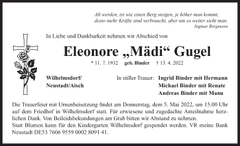 Traueranzeige von Eleonore Gugel von Neustadt/ Scheinfeld/ Uffenheim