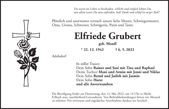 Traueranzeige von Elfriede Grubert von Neustadt/ Scheinfeld/ Uffenheim