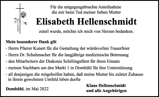 Traueranzeige von Elisabeth Hellenschmidt von Rothenburg