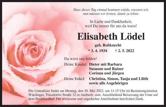 Traueranzeige von Elisabeth Lödel von Ansbach