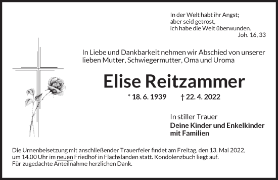 Traueranzeige von Elise Reitzammer von Ansbach