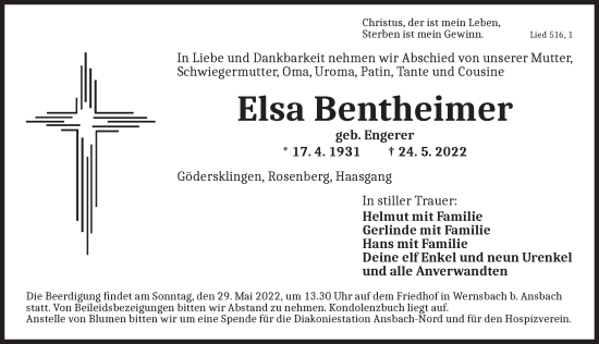 Traueranzeige von Elsa Bentheimer von Ansbach