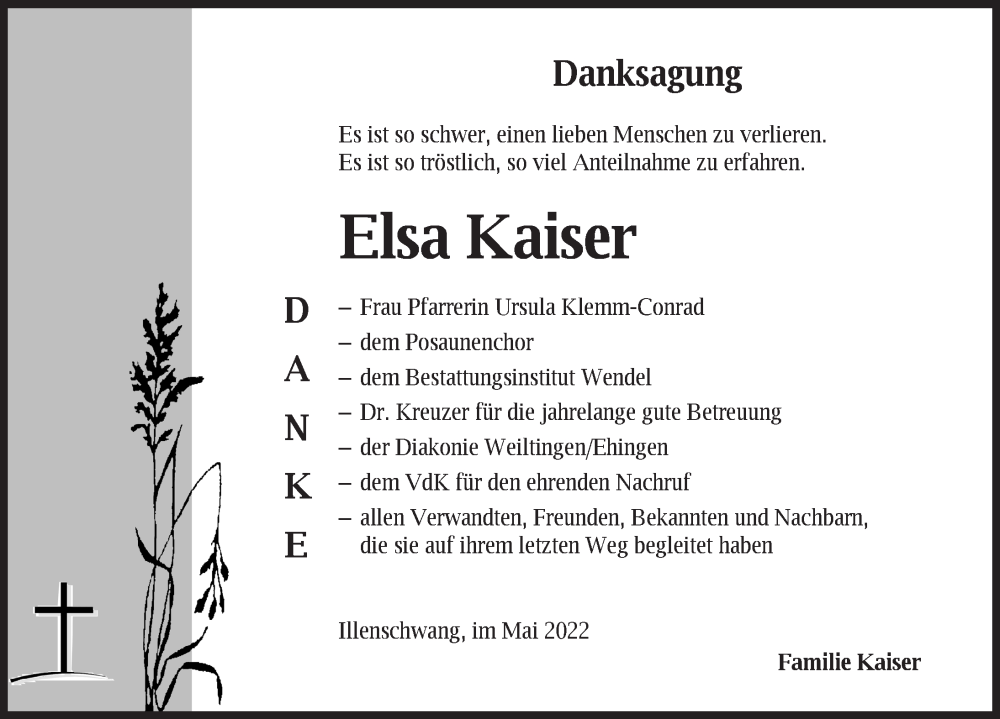  Traueranzeige für Elsa Kaiser vom 13.05.2022 aus Dinkelsbühl/ Feuchtwangen