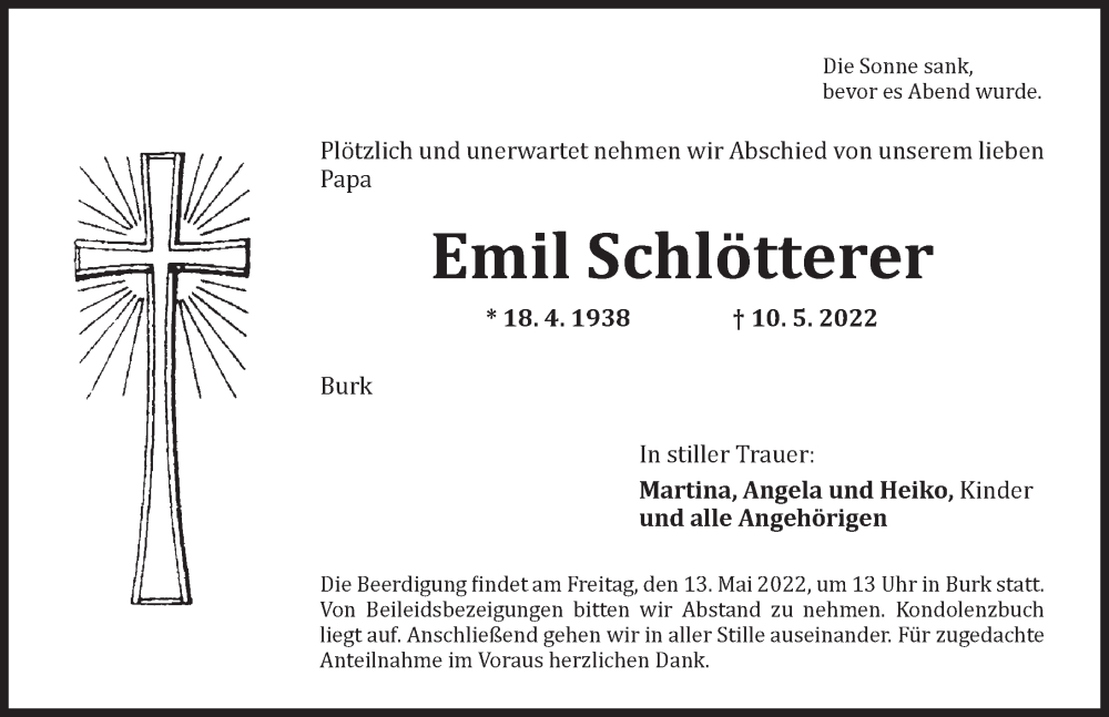  Traueranzeige für Emil Schlötterer vom 12.05.2022 aus Dinkelsbühl/ Feuchtwangen