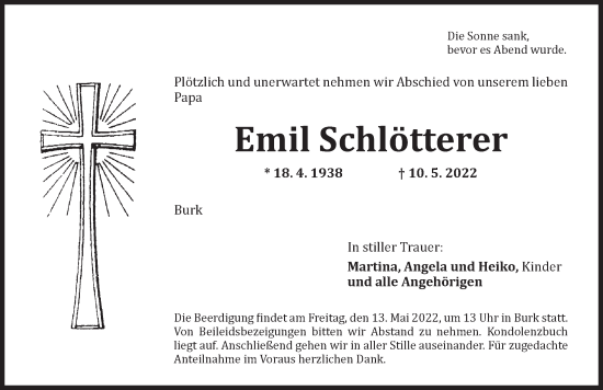 Traueranzeige von Emil Schlötterer von Dinkelsbühl/ Feuchtwangen