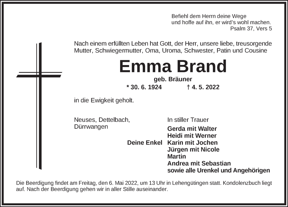  Traueranzeige für Emma Brand vom 05.05.2022 aus Dinkelsbühl/ Feuchtwangen