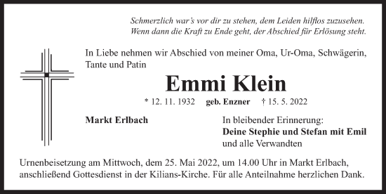 Traueranzeige von Emmi Klein von Neustadt/ Scheinfeld/ Uffenheim