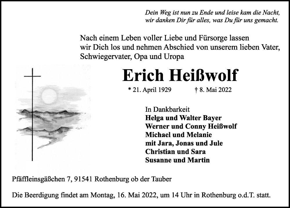  Traueranzeige für Erich Heißwolf vom 12.05.2022 aus Rothenburg