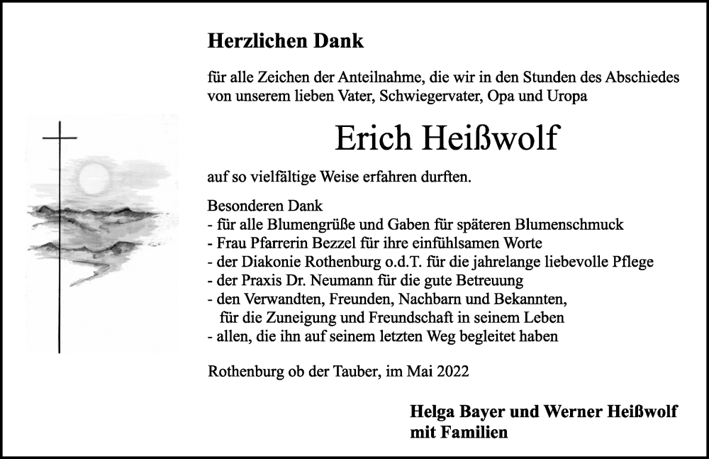  Traueranzeige für Erich Heißwolf vom 28.05.2022 aus Rothenburg