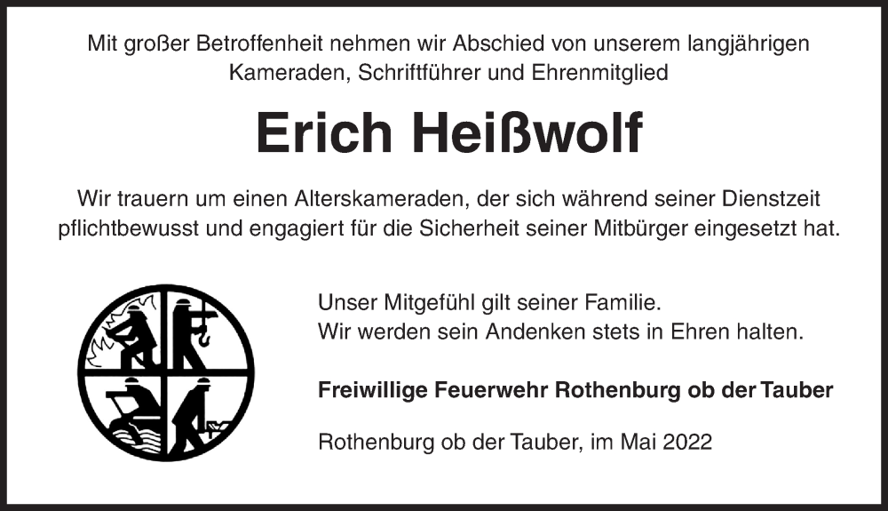  Traueranzeige für Erich Heißwolf vom 13.05.2022 aus Rothenburg