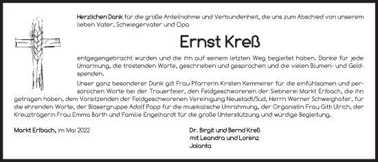 Traueranzeige von Ernst Kreß von Neustadt/ Scheinfeld/ Uffenheim