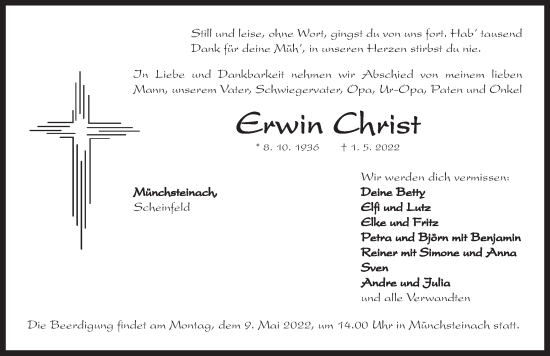 Traueranzeige von Erwin Christ von Neustadt/ Scheinfeld/ Uffenheim
