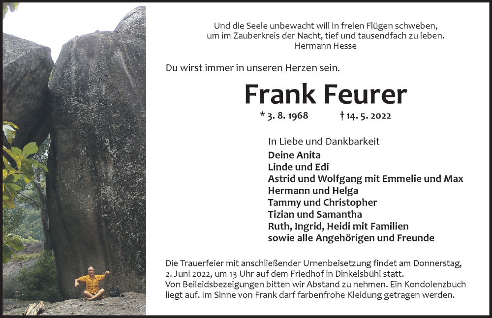  Traueranzeige für Frank Feurer vom 31.05.2022 aus Dinkelsbühl/ Feuchtwangen