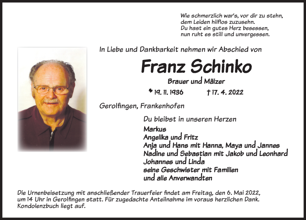  Traueranzeige für Franz Schinko vom 05.05.2022 aus Dinkelsbühl/ Feuchtwangen