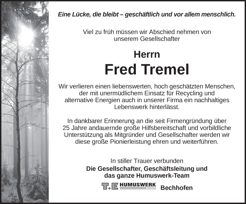  Traueranzeige für Fred Tremel vom 03.05.2022 aus GE