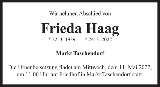 Traueranzeige von Frieda Haag von Neustadt/ Scheinfeld/ Uffenheim