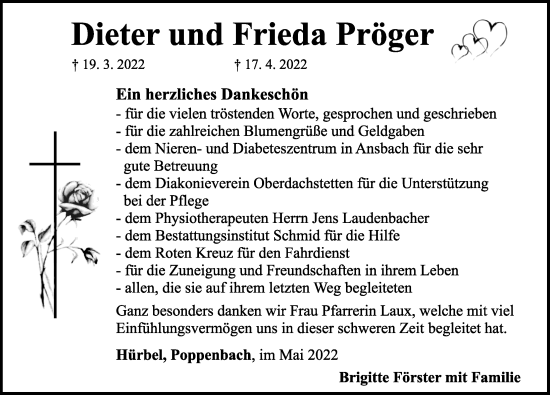 Traueranzeige von Frieda Pröger von Ansbach