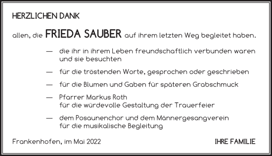 Traueranzeige von Frieda Sauber von Dinkelsbühl/ Feuchtwangen