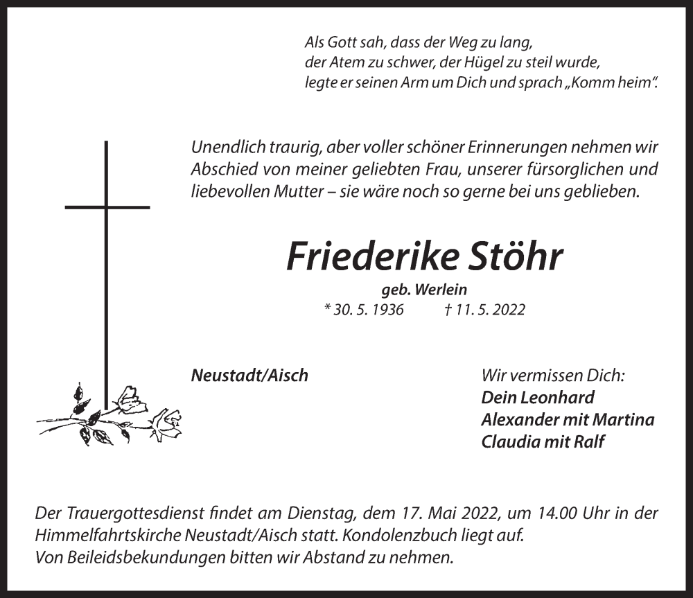  Traueranzeige für Friederike Stöhr vom 14.05.2022 aus Neustadt/ Scheinfeld/ Uffenheim