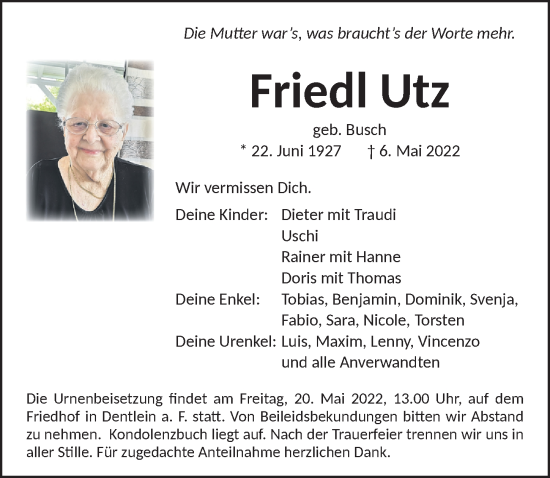 Traueranzeige von Friedl Utz von Dinkelsbühl/ Feuchtwangen