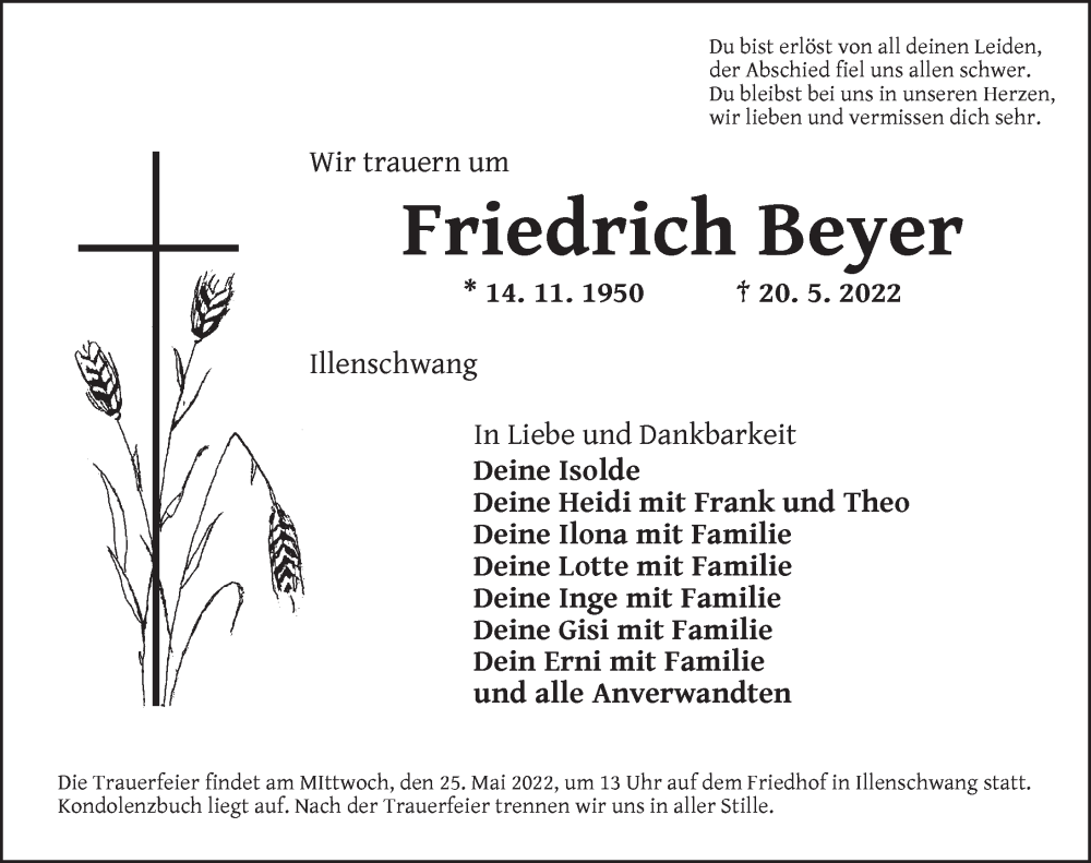  Traueranzeige für Friedrich Beyer vom 24.05.2022 aus Dinkelsbühl/ Feuchtwangen