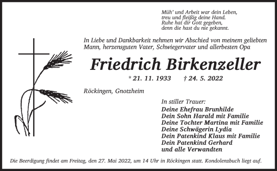 Traueranzeige von Friedrich Birkenzeller von Dinkelsbühl/ Feuchtwangen
