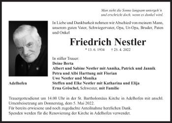 Traueranzeige von Friedrich Nestler von Neustadt/ Scheinfeld/ Uffenheim