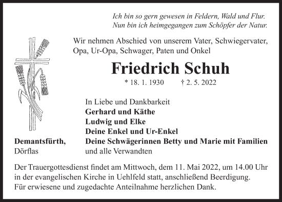 Traueranzeige von Friedrich Schuh von Neustadt/ Scheinfeld/ Uffenheim