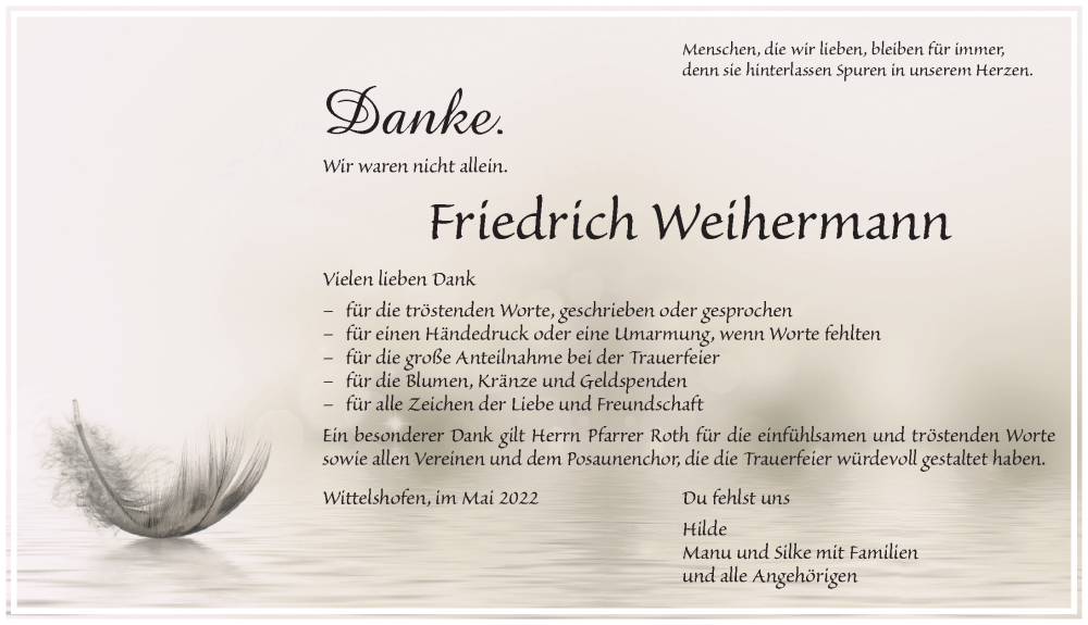  Traueranzeige für Friedrich Weihermann vom 21.05.2022 aus Dinkelsbühl/ Feuchtwangen