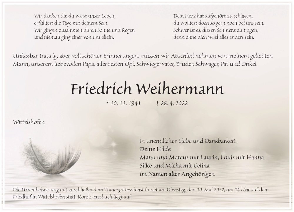  Traueranzeige für Friedrich Weihermann vom 07.05.2022 aus Dinkelsbühl/ Feuchtwangen