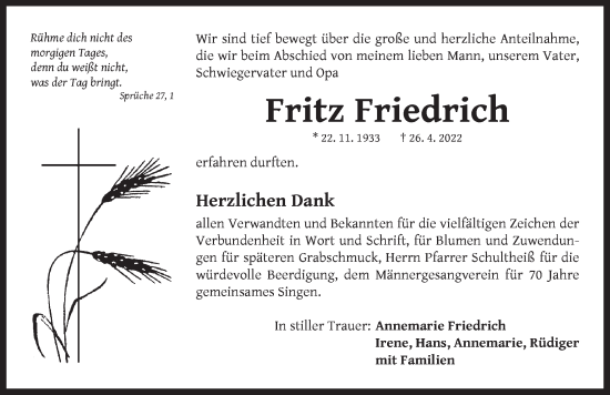 Traueranzeige von Fritz Friedrich von Neustadt/ Scheinfeld/ Uffenheim