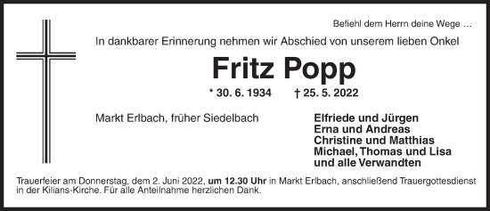Traueranzeige von Fritz Popp von Neustadt/ Scheinfeld/ Uffenheim