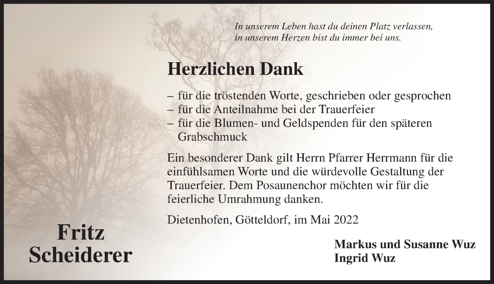  Traueranzeige für Fritz Scheiderer vom 28.05.2022 aus Ansbach