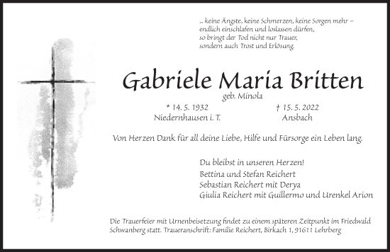 Traueranzeige von Gabriele Maria Britten von Ansbach
