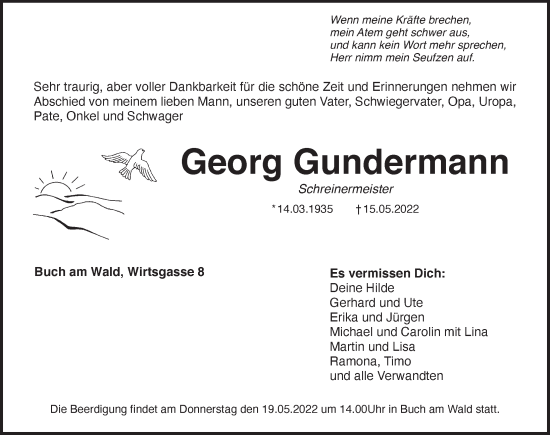 Traueranzeige von Georg Gundermann von Ansbach