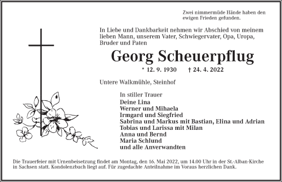 Traueranzeige von Georg Scheuerpflug von Ansbach