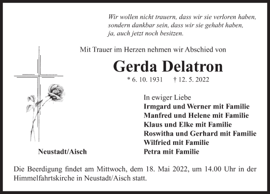 Traueranzeige von Gerda Delatron von Neustadt/ Scheinfeld/ Uffenheim
