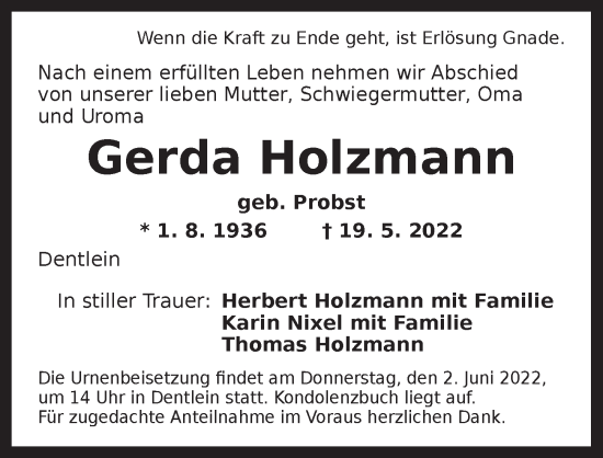 Traueranzeige von Gerda Holzmann von Dinkelsbühl/ Feuchtwangen