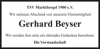 Traueranzeige von Gerhard Beyser von Neustadt/ Scheinfeld/ Uffenheim