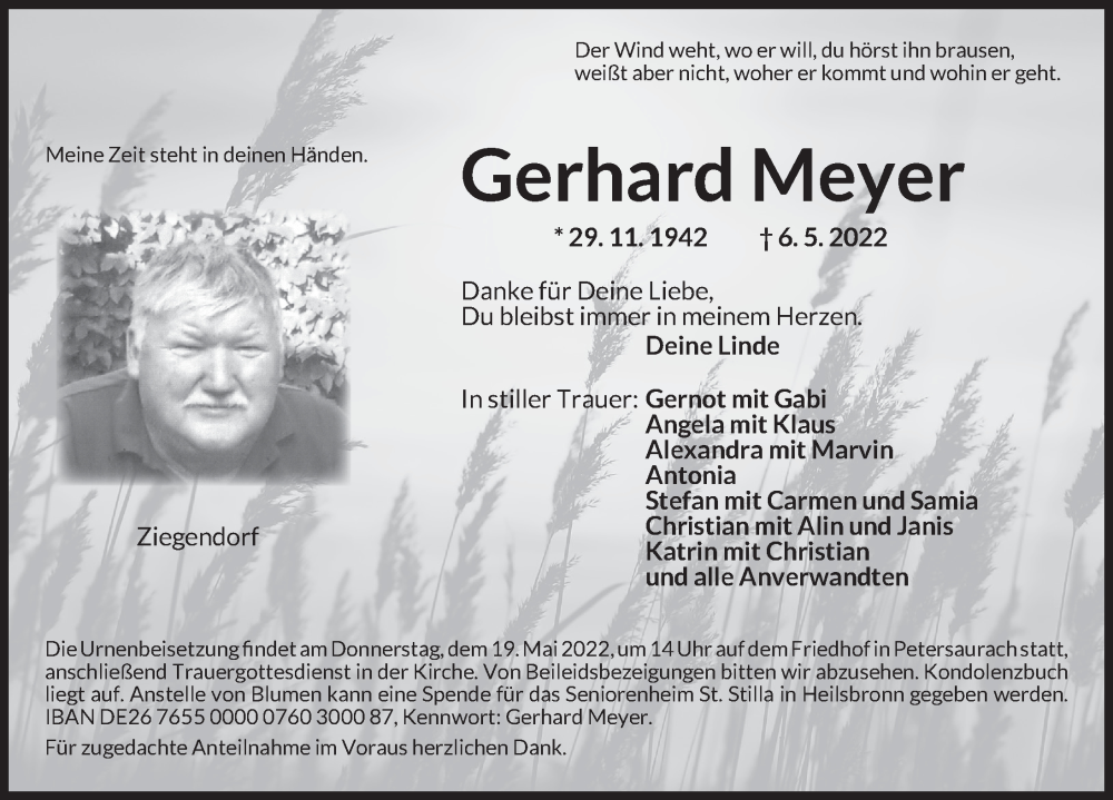  Traueranzeige für Gerhard Meyer vom 14.05.2022 aus Ansbach