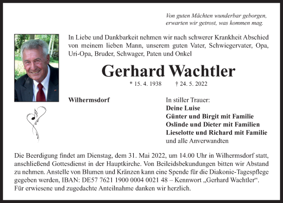 Traueranzeige von Gerhard Wachtler von Neustadt/ Scheinfeld/ Uffenheim