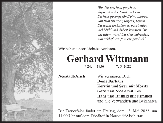 Traueranzeige von Gerhard Wittmann von Neustadt/ Scheinfeld/ Uffenheim